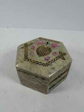 Vintage Hand Carved Soapstone Jewelry Trinket Box Cherry Blossom Hexagon